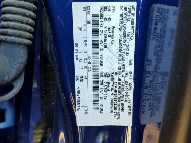 1FAHP3F28CL251754 - 2012 FORD FOCUS SE BLUE photo 10