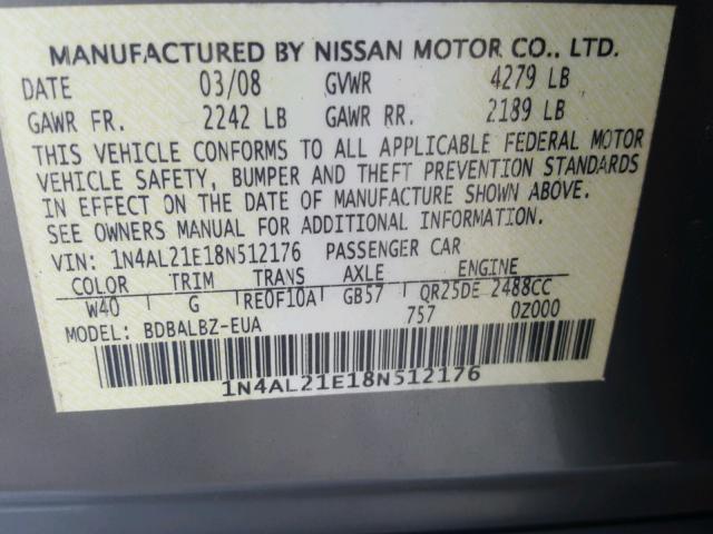 1N4AL21E18N512176 - 2008 NISSAN ALTIMA 2.5 SILVER photo 10