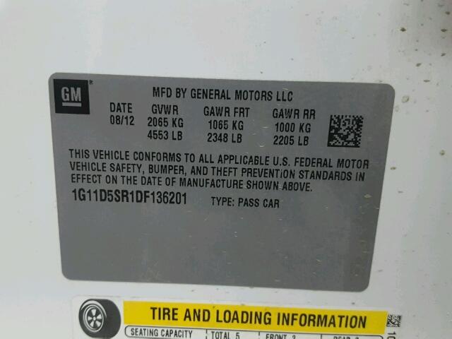 1G11D5SR1DF136201 - 2013 CHEVROLET MALIBU 1LT WHITE photo 10