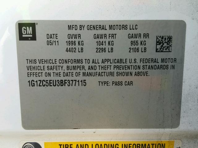 1G1ZC5EU3BF377115 - 2011 CHEVROLET MALIBU 1LT 白色 照片 10