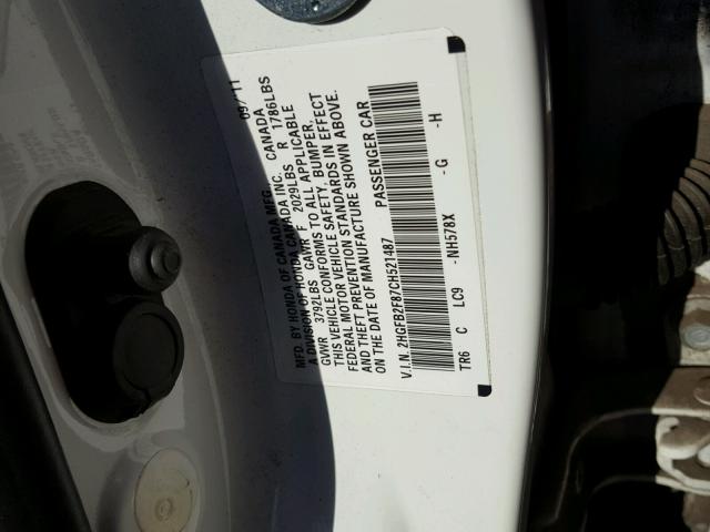 2HGFB2F87CH521487 - 2012 HONDA CIVIC EX WHITE photo 10