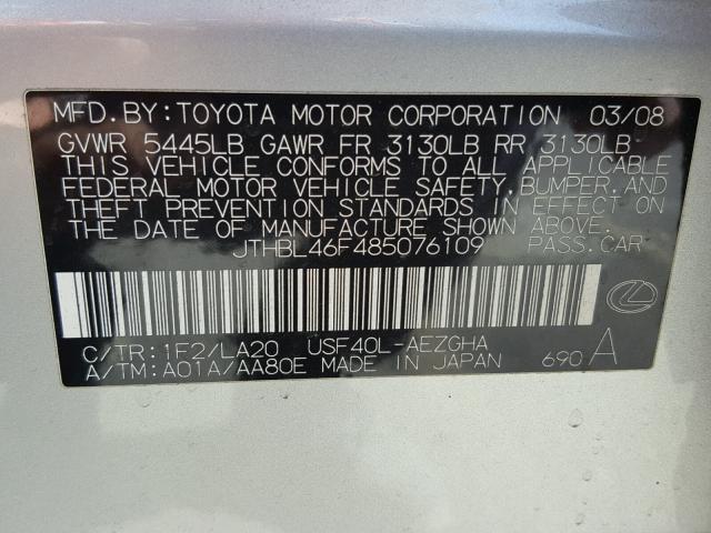 JTHBL46F485076109 - 2008 LEXUS LS 460 SILVER photo 10