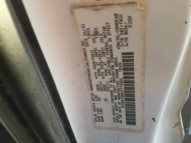 5TEWN72N91Z774522 - 2001 TOYOTA TACOMA XTR WHITE photo 10