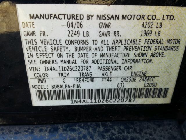 1N4AL11D26C220787 - 2006 NISSAN ALTIMA S BLUE photo 10