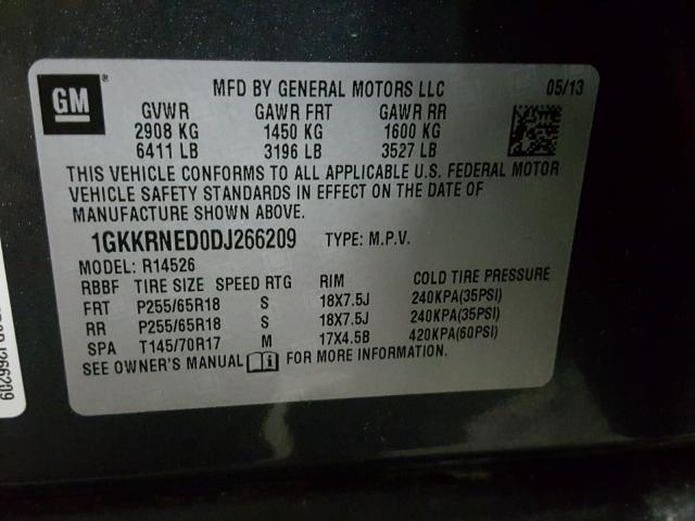 1GKKRNED0DJ266209 - 2013 GMC ACADIA SLE CHARCOAL photo 10