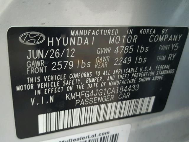 KMHFG4JG1CA184433 - 2012 HYUNDAI AZERA GLS GRAY photo 10