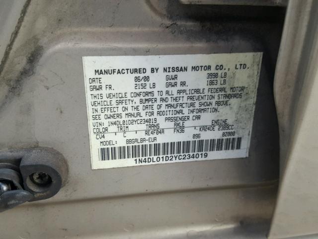 1N4DL01D2YC234019 - 2000 NISSAN ALTIMA XE BEIGE photo 10