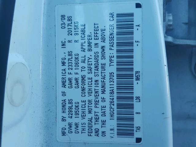 1HGCP26418A113705 - 2008 HONDA ACCORD LXP WHITE photo 10