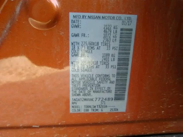 5N1AT2MVXHC772489 - 2017 NISSAN ROGUE SV ORANGE photo 10