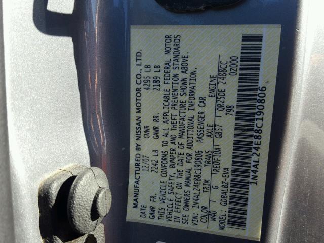 1N4AL24E88C190806 - 2008 NISSAN ALTIMA 2.5 GRAY photo 10