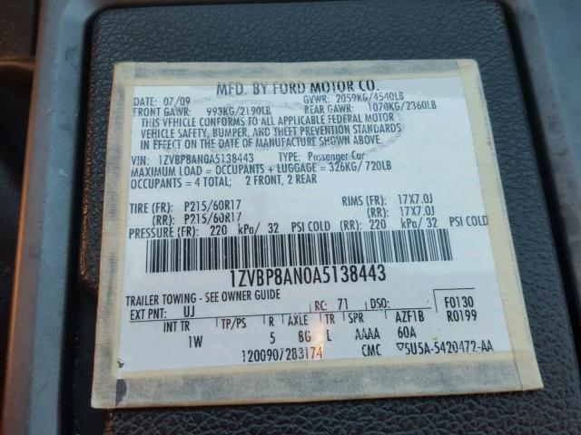 1ZVBP8AN0A5138443 - 2010 FORD MUSTANG GRAY photo 10