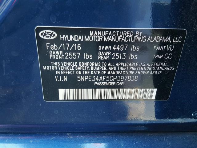 5NPE34AF5GH397838 - 2016 HYUNDAI SONATA SPO BLUE photo 10