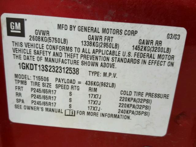 1GKDT13S232312538 - 2003 GMC ENVOY RED photo 10