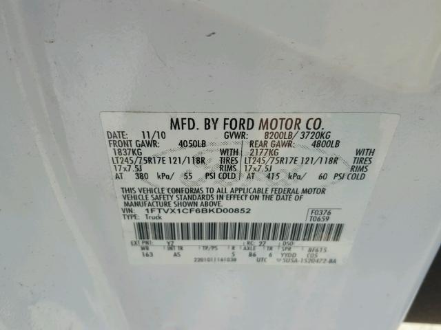 1FTVX1CF6BKD00852 - 2011 FORD F150 SUPER WHITE photo 10