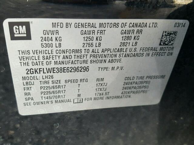 2GKFLWE38E6296296 - 2014 GMC TERRAIN SL BLACK photo 10