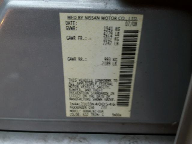 1N4AL21E59N400546 - 2009 NISSAN ALTIMA 2.5 SILVER photo 8