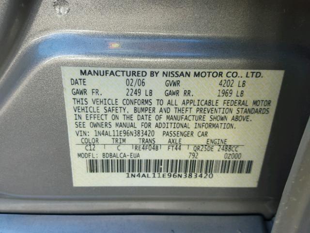 1N4AL11E96N383420 - 2006 NISSAN ALTIMA S GRAY photo 9