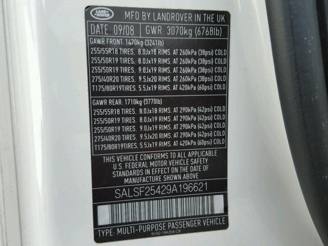 SALSF25429A196621 - 2009 LAND ROVER RANGE ROVE WHITE photo 10