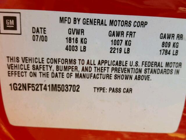 1G2NF52T41M503702 - 2001 PONTIAC GRAND AM S 红色 照片 10