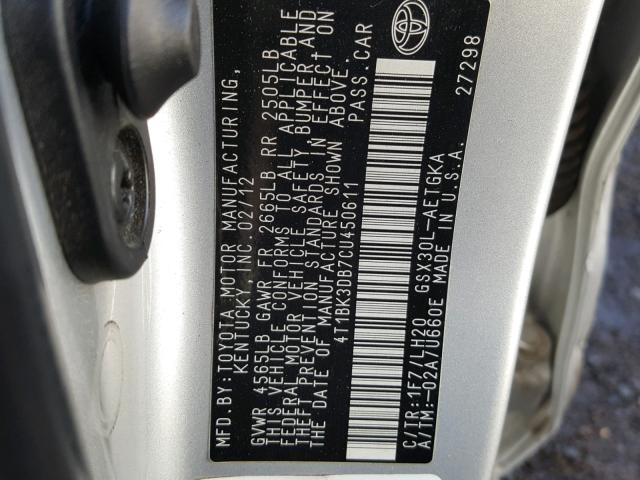 4T1BK3DB7CU450611 - 2012 TOYOTA AVALON BAS Gümüş foto 10