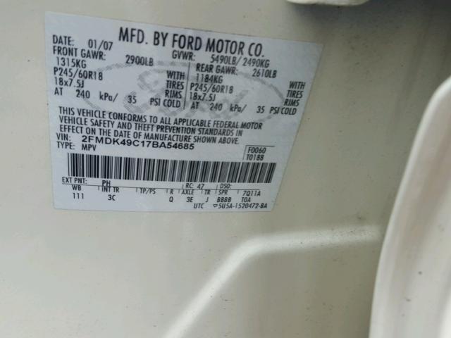 2FMDK49C17BA54685 - 2007 FORD EDGE SEL P WHITE photo 10