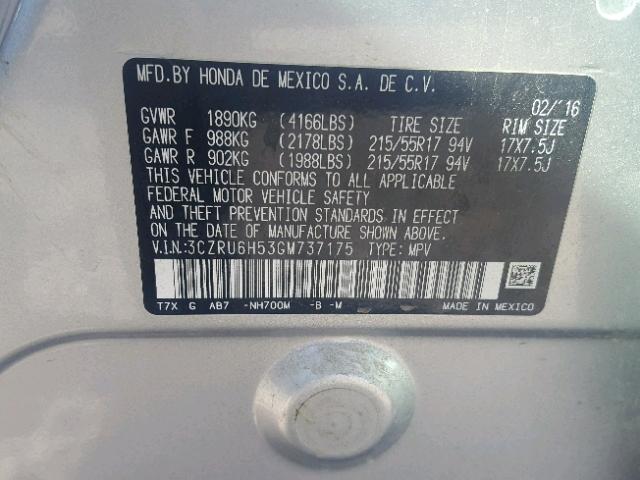 3CZRU6H53GM737175 - 2016 HONDA HR-V EX SILVER photo 10