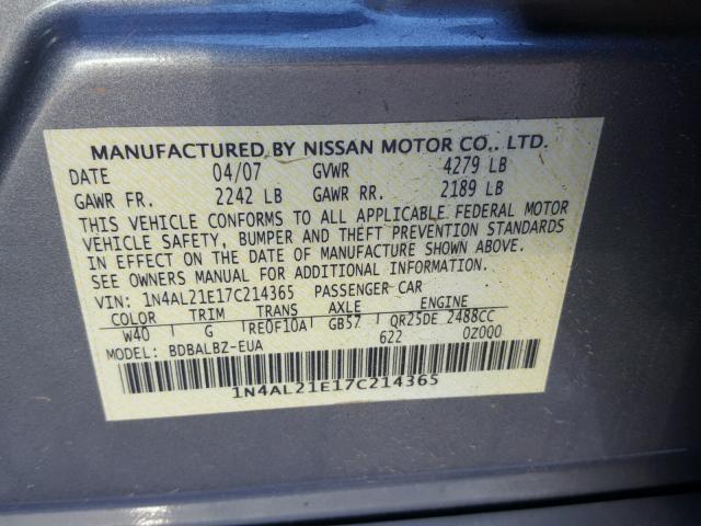 1N4AL21E17C214365 - 2007 NISSAN ALTIMA 2.5 GRAY photo 10