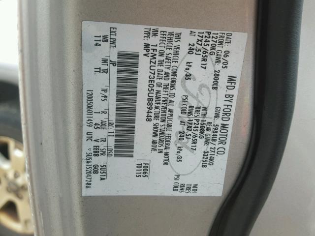 1FMZU73E05UB89448 - 2005 FORD EXPLORER X SILVER photo 10