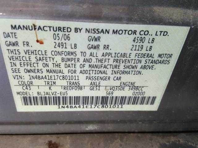 1N4BA41E17C801011 - 2007 NISSAN MAXIMA SE BROWN photo 10