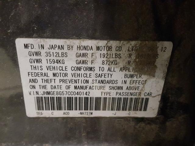 JHMGE8G57CC040142 - 2012 HONDA FIT SPORT GRAY photo 10