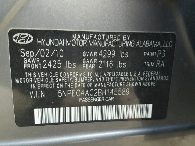 5NPEC4AC2BH145589 - 2011 HYUNDAI SONATA SE GRAY photo 10