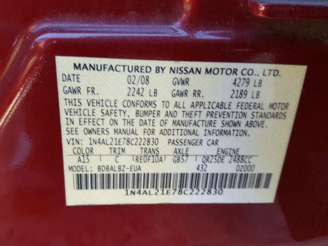 1N4AL21E78C222830 - 2008 NISSAN ALTIMA 2.5 BURGUNDY photo 10