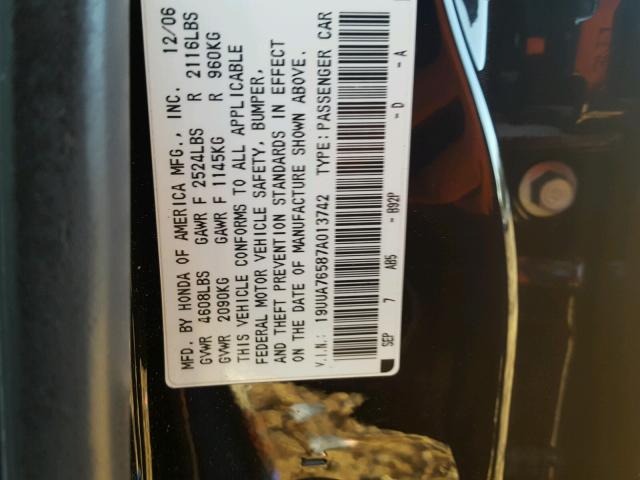 19UUA76587A013742 - 2007 ACURA TL TYPE S BLACK photo 10