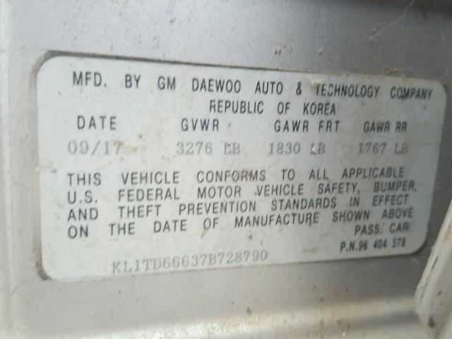 KL1TD66637B728790 - 2007 CHEVROLET AVEO BASE Күміс фото 10