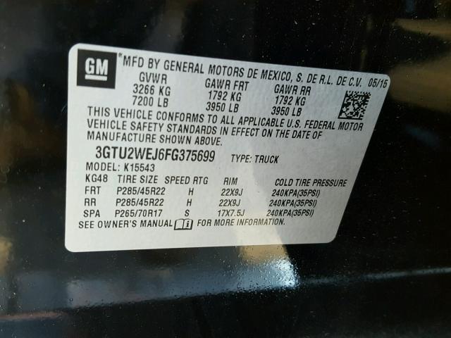 3GTU2WEJ6FG375699 - 2015 GMC SIERRA K15 BLACK photo 10