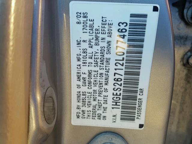 1HGES26712L077463 - 2002 HONDA CIVIC EX TAN photo 10