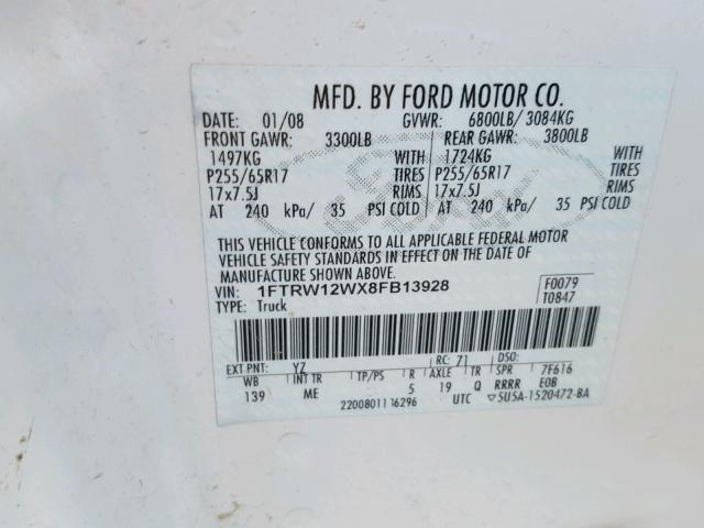 1FTRW12WX8FB13928 - 2008 FORD F150 SUPER WHITE photo 10