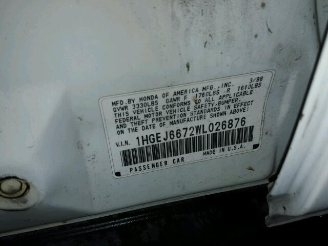 1HGEJ6672WL026876 - 1998 HONDA CIVIC LX WHITE photo 10