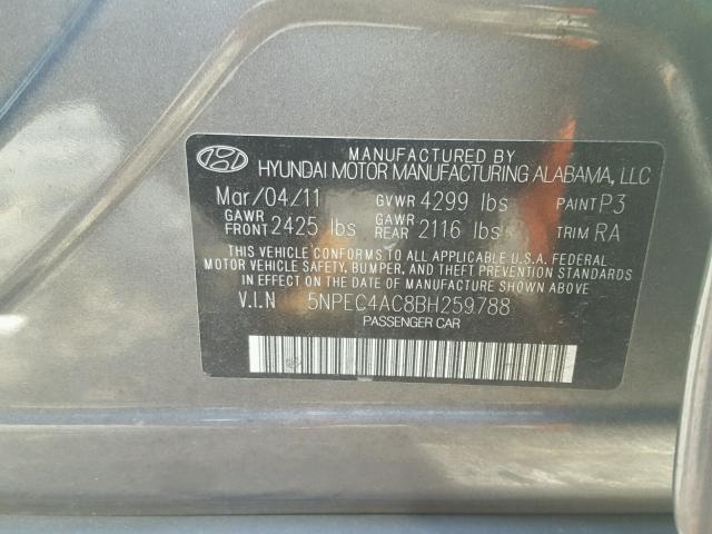 5NPEC4AC8BH259788 - 2011 HYUNDAI SONATA SE GRAY photo 10