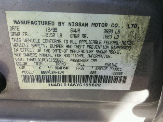 1N4DL01A6YC155622 - 2000 NISSAN ALTIMA XE GOLD photo 10