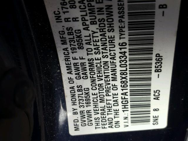 1HGFA168X8L033416 - 2008 HONDA CIVIC EX 蓝色 照片 10