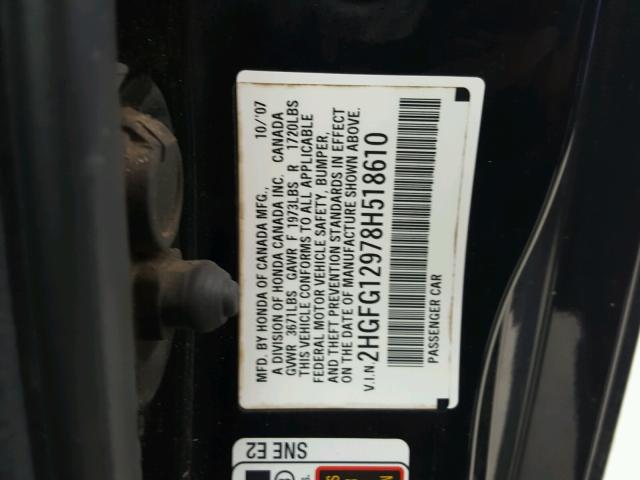 2HGFG12978H518610 - 2008 HONDA CIVIC EXL BLACK photo 10