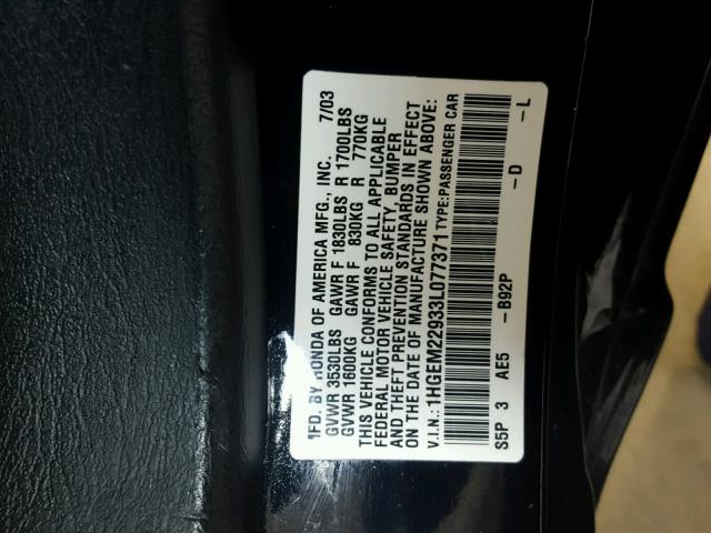 1HGEM22933L077371 - 2003 HONDA CIVIC EX შავი ფოტო 10