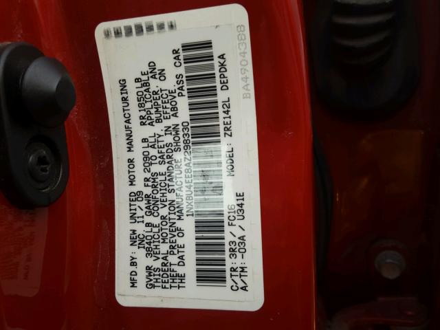 1NXBU4EE8AZ298330 - 2010 TOYOTA COROLLA BA RED photo 10