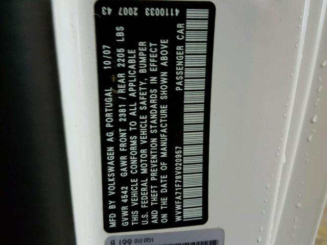 WVWFA71F78V020957 - 2008 VOLKSWAGEN EOS LUX 白色 照片 10