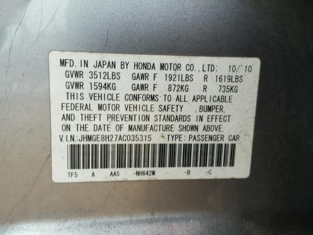 JHMGE8H27AC035315 - 2010 HONDA FIT SILVER photo 10