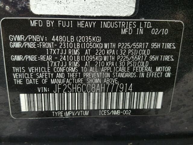 JF2SH6CC8AH777914 - 2010 SUBARU FORESTER 2 BLACK photo 10