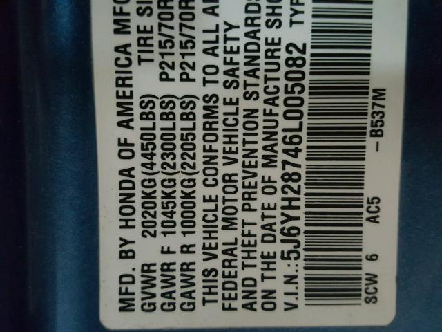 5J6YH28746L005082 - 2006 HONDA ELEMENT EX Mavi foto 10