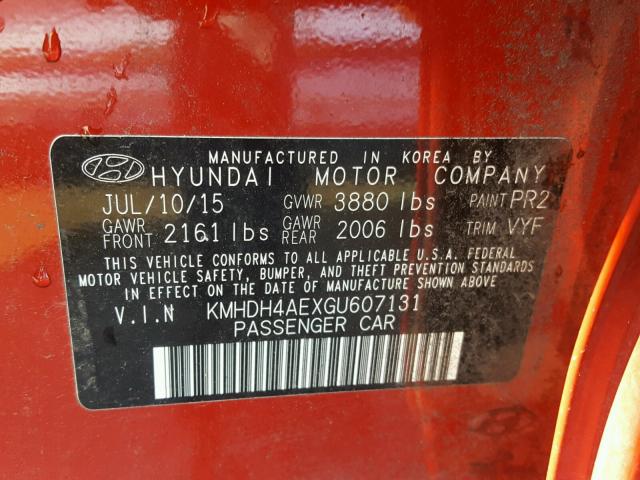 KMHDH4AEXGU607131 - 2016 HYUNDAI ELANTRA SE RED photo 10