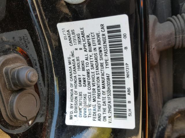 2HGFA1F53BH305847 - 2011 HONDA CIVIC LX BLACK photo 10